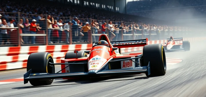 Une image photoréaliste d'Ayrton Senna en pleine course de Formule 1, mettant en valeur la technologie de sa voiture.