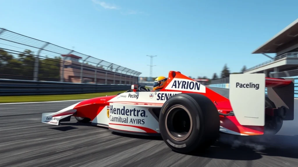 Ayrton Senna en pleine course de Formule 1, illustrant sa quête de la vitesse.