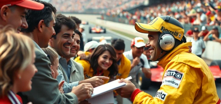 Ayrton Senna interagissant passionnément avec ses fans de Formule 1.