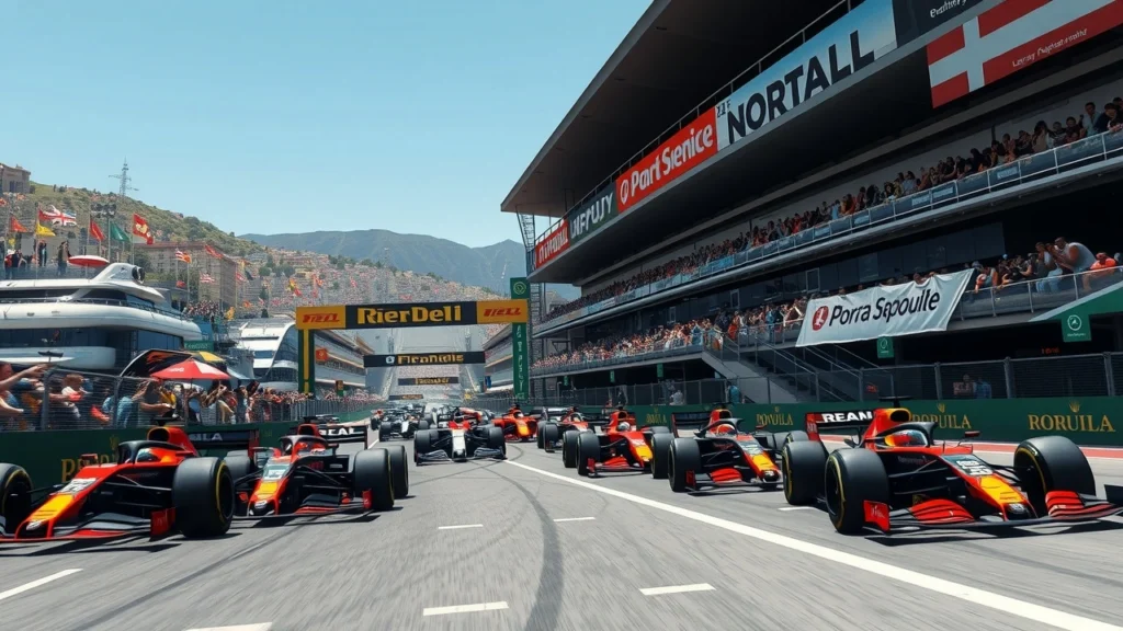 Une illustration photoréaliste d'un événement de Formule 1 en 2025 avec 24 voitures de course sur plusieurs circuits historiques et urbains.