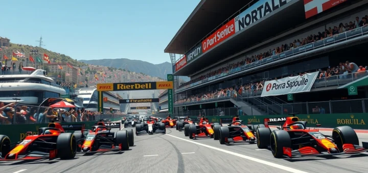 Une illustration photoréaliste d'un événement de Formule 1 en 2025 avec 24 voitures de course sur plusieurs circuits historiques et urbains.