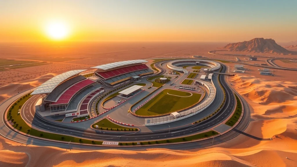 Description photorealiste du circuit de Sakhir avec ses caractéristiques uniques dans le désert.