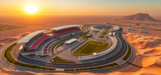Description photorealiste du circuit de Sakhir avec ses caractéristiques uniques dans le désert.