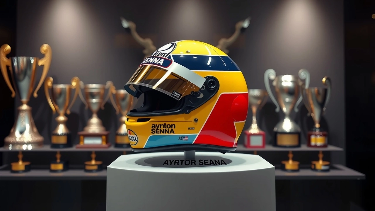 casque d'Ayrton Senna avec des trophées en arrière-plan