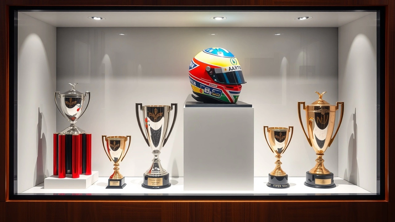 casque de pilotage d'Ayrton Senna et trophées dans une vitrine