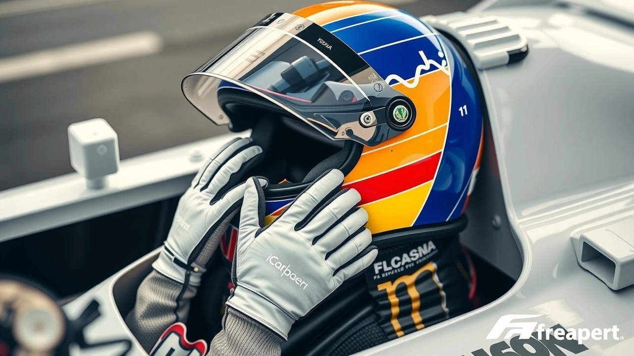 Casque et gants d'Ayrton Senna sur une voiture de course