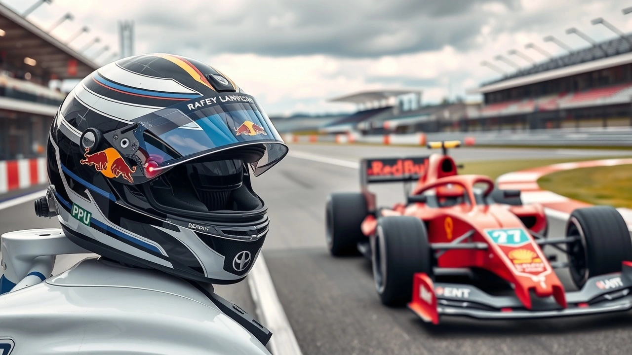 casque de course et voiture de Formule 1 sur circuit