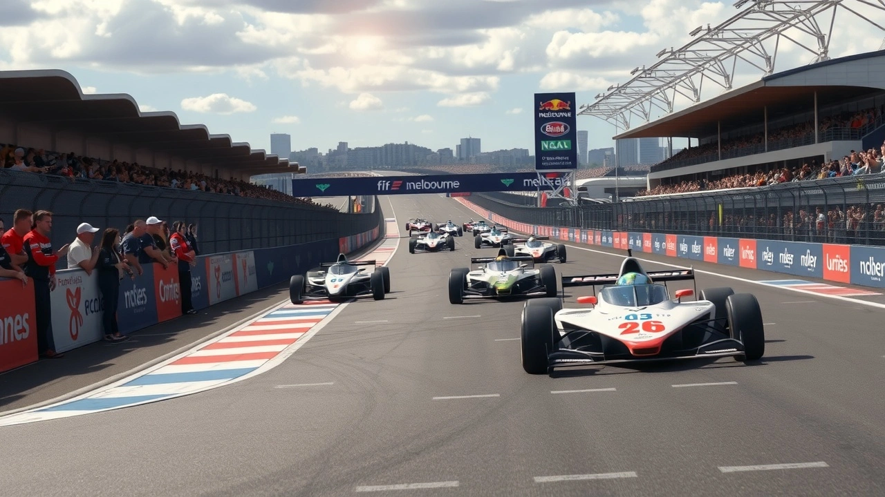 circuit de Melbourne avec voitures futuristes et spectateurs