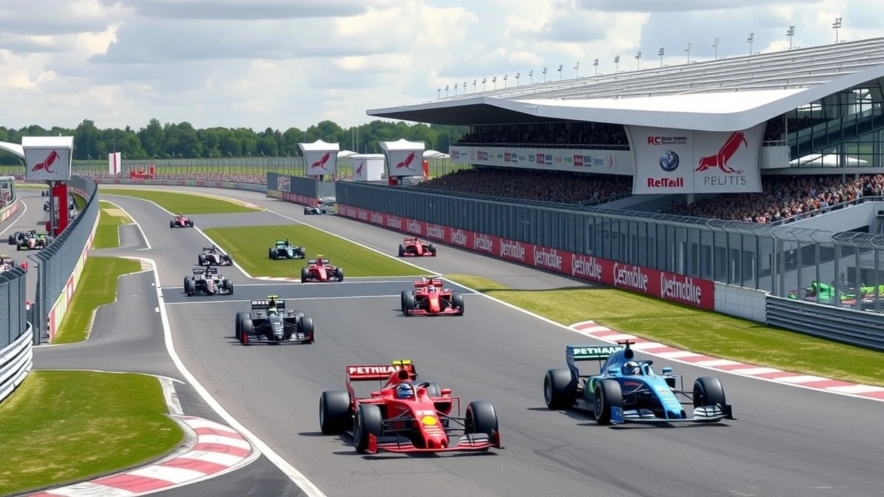 vue du circuit de Silverstone avec des voitures de Formule 1