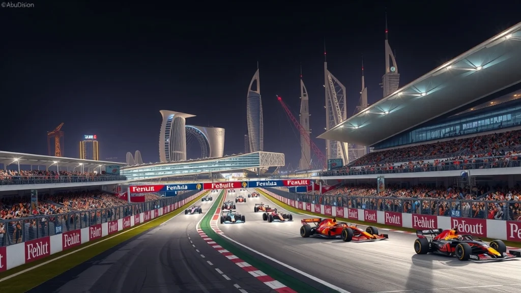 Une illustration photorealiste du circuit d'Abu Dhabi pendant une finale de saison captivante.