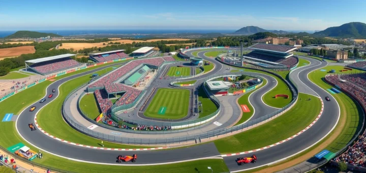 Vue photorealiste du circuit de Barcelone, mettant en avant son tracé complexe et son rôle dans la formation des pilotes de F1.