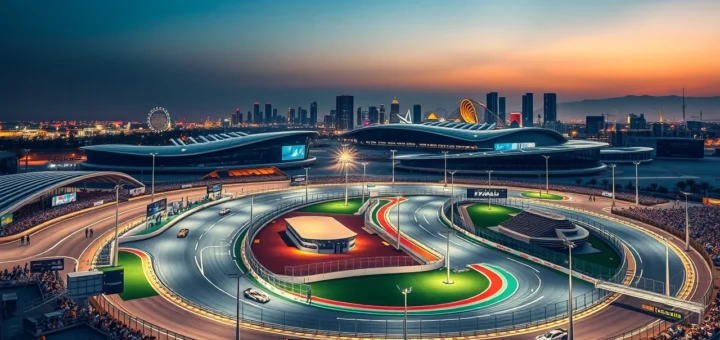 Circuit de Jeddah en pleine course de Formule 1 avec l'architecture moderne en arrière-plan