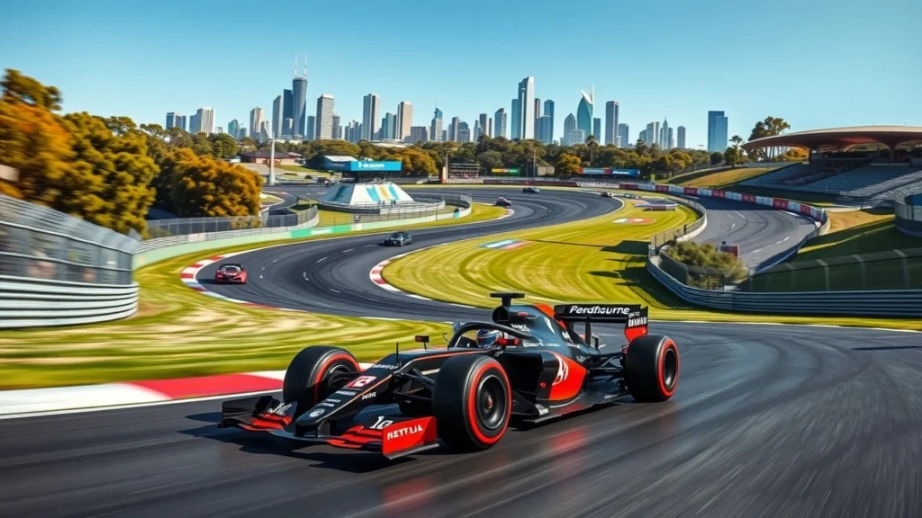 Le circuit de Melbourne avec des voitures de Formule 1 en action.