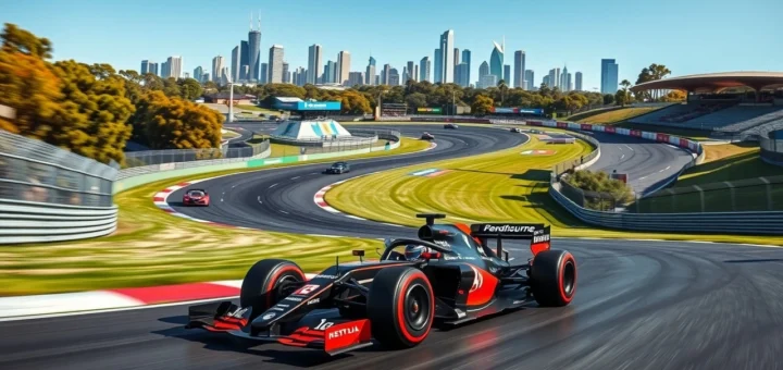 Le circuit de Melbourne avec des voitures de Formule 1 en action.