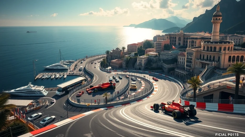 Une illustration photoréaliste du circuit de Monaco avec ses caractéristiques uniques et son influence sur les stratégies des équipes de F1.
