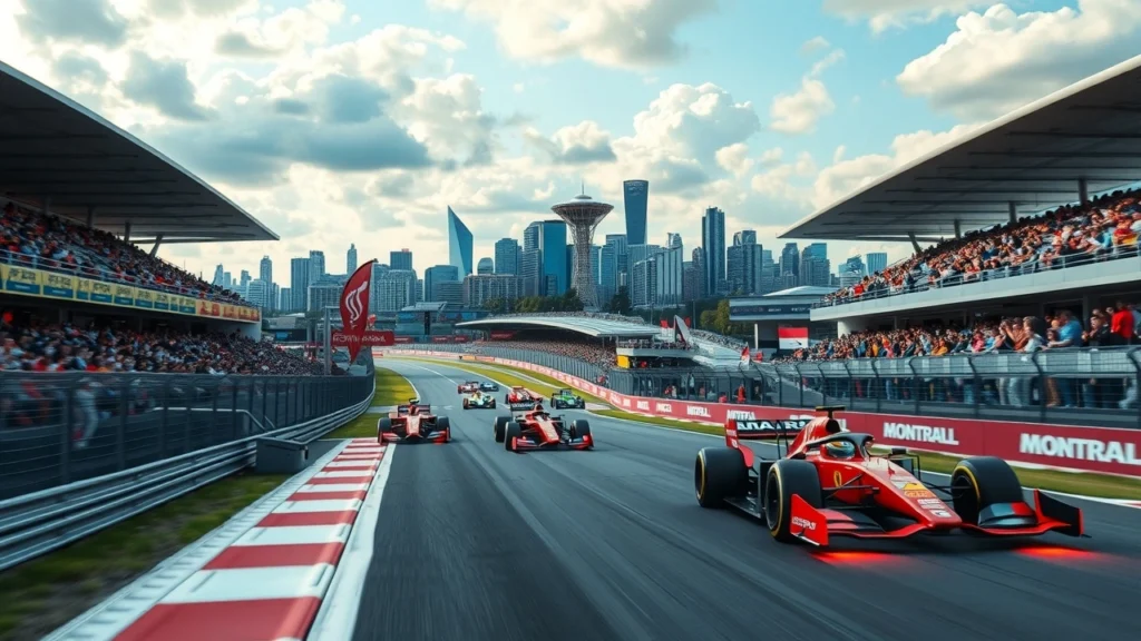 Image photorealiste du circuit de Montréal lors d'une course de Formule 1.