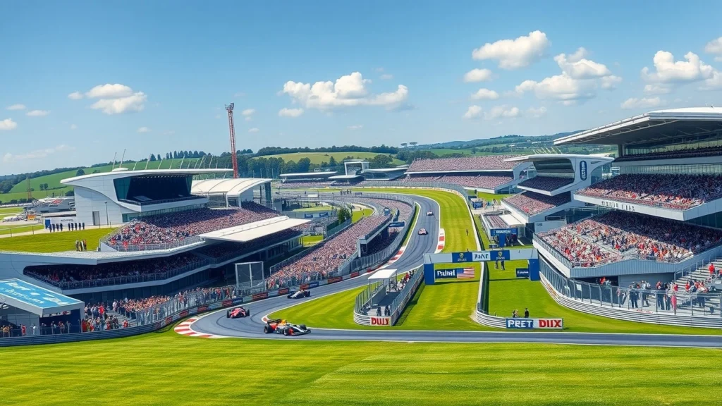 Circuit de Silverstone en pleine action avec des voitures de Formule 1 sur la piste.