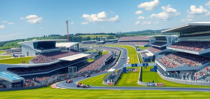 Circuit de Silverstone en pleine action avec des voitures de Formule 1 sur la piste.