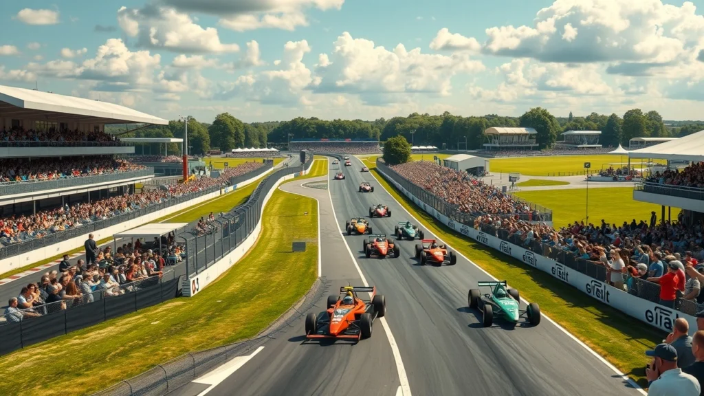 Image illustrant le circuit de Silverstone avec des voitures de course et des fans enthousiastes.