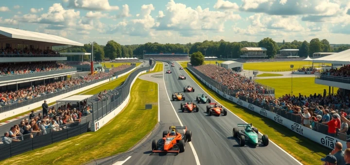 Image illustrant le circuit de Silverstone avec des voitures de course et des fans enthousiastes.