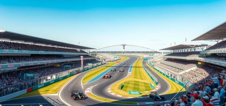Vue photoréaliste du circuit de Silverstone pendant une course de F1, montrant l'ambiance et l'excitation de l'événement.
