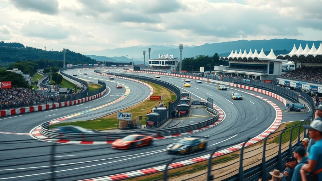 Une vue photoréaliste du circuit de Suzuka avec ses courbes emblématiques et des voitures de course en action.