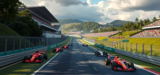Une vue photoréaliste du circuit d'Interlagos mettant en avant les défis pour les pilotes de Formule 1.