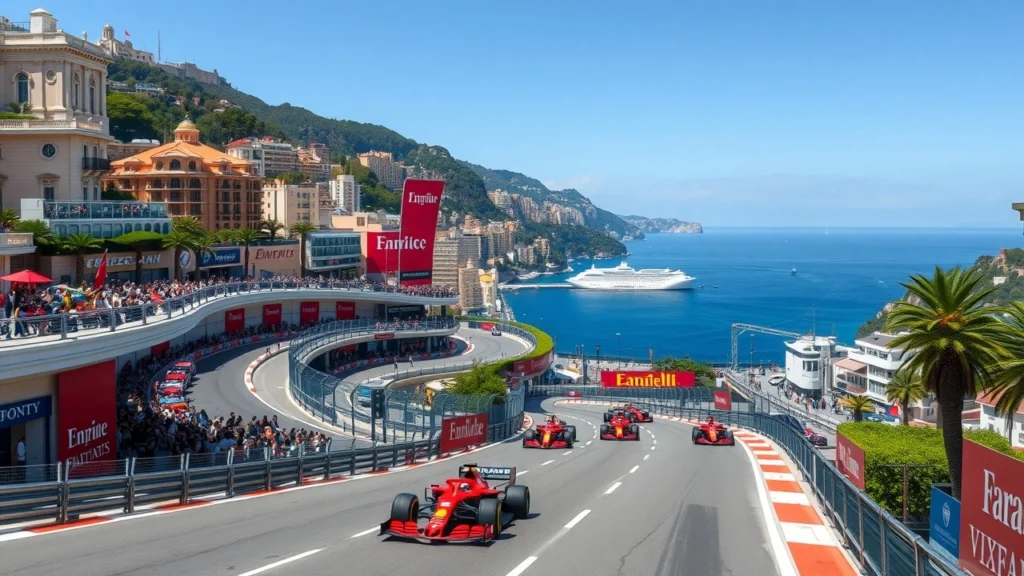 Une illustration du circuit de Monaco pendant un Grand Prix de Formule 1, montrant des voitures de course sur les routes étroites de Monte Carlo.