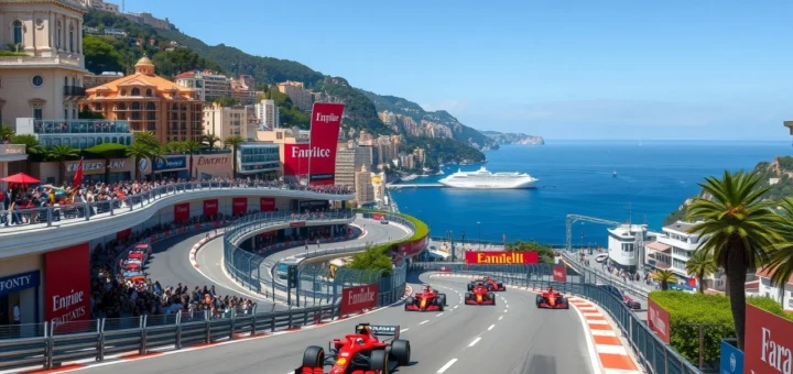 Une illustration du circuit de Monaco pendant un Grand Prix de Formule 1, montrant des voitures de course sur les routes étroites de Monte Carlo.
