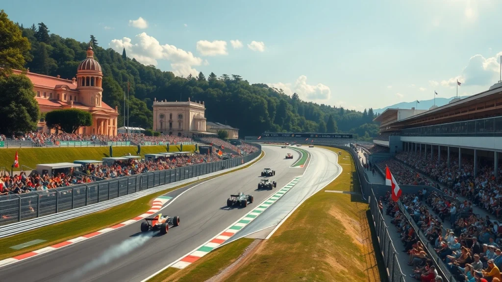 Une illustration photoréaliste du circuit de Monza avec ses caractéristiques emblématiques.