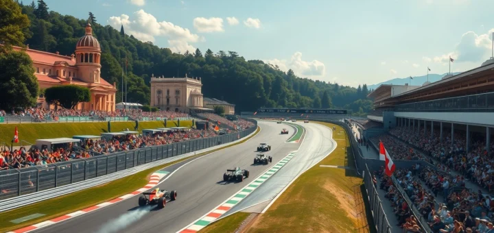 Une illustration photoréaliste du circuit de Monza avec ses caractéristiques emblématiques.