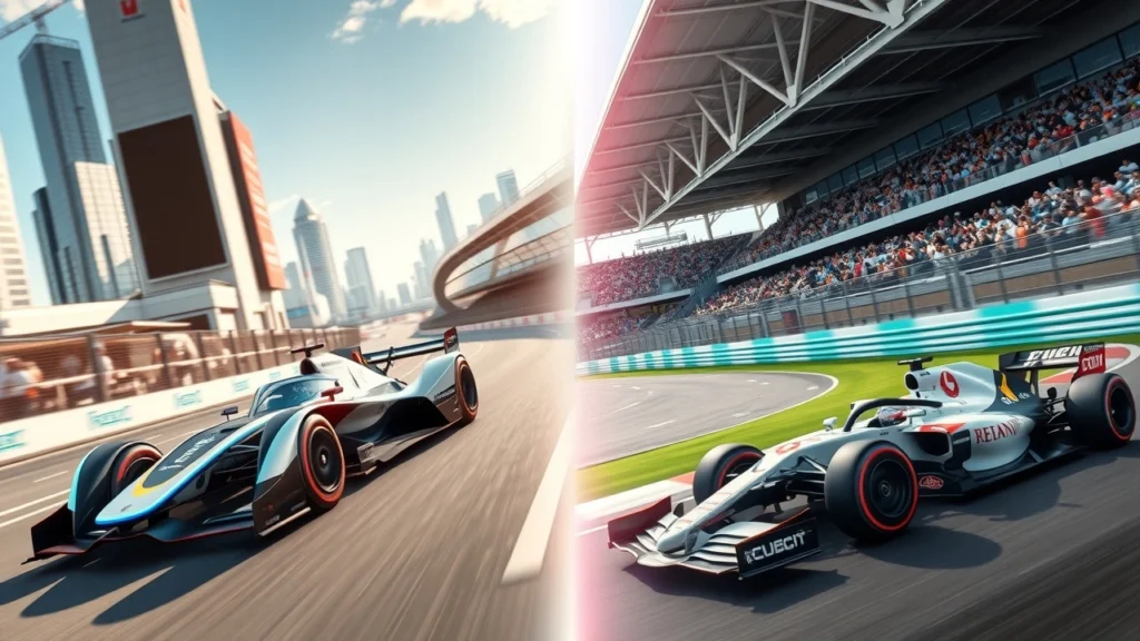 Une comparaison entre la Formule E et la Formule 1 avec des voitures et des circuits distincts.