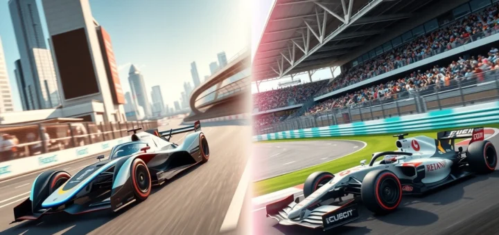 Une comparaison entre la Formule E et la Formule 1 avec des voitures et des circuits distincts.