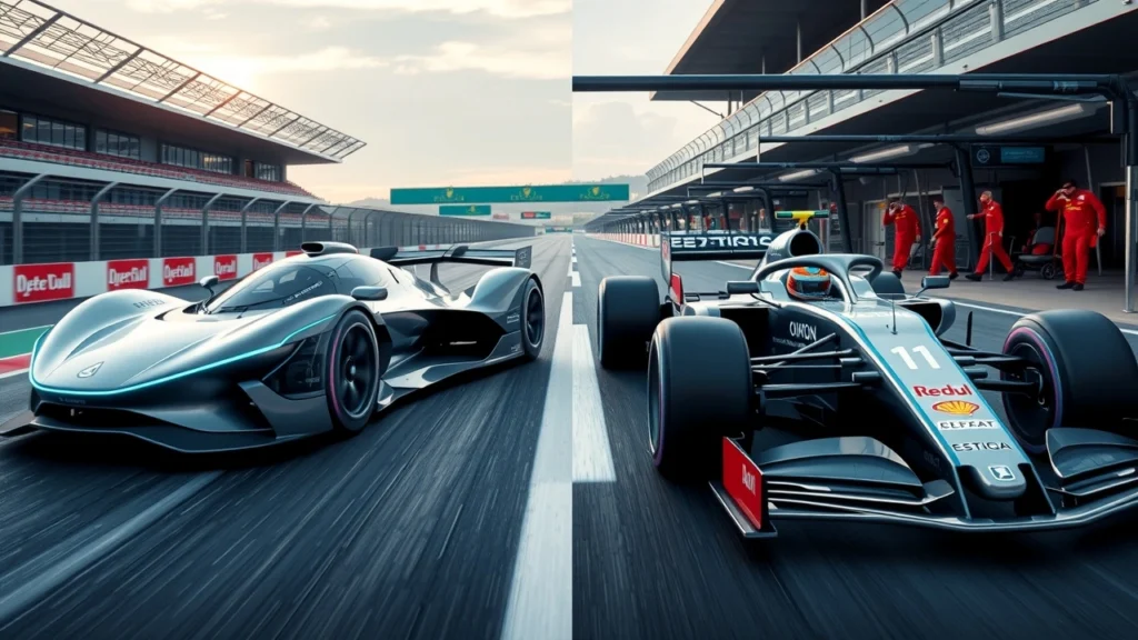 Comparaison photorealiste entre une voiture de Formule E et une voiture de Formule 1 sur un circuit.