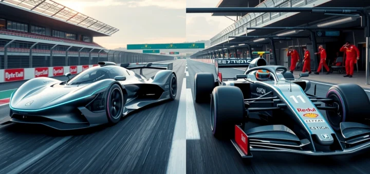 Comparaison photorealiste entre une voiture de Formule E et une voiture de Formule 1 sur un circuit.