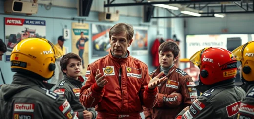 Une scène montrant un pilote de Formule 1 partageant des conseils avec de jeunes pilotes.