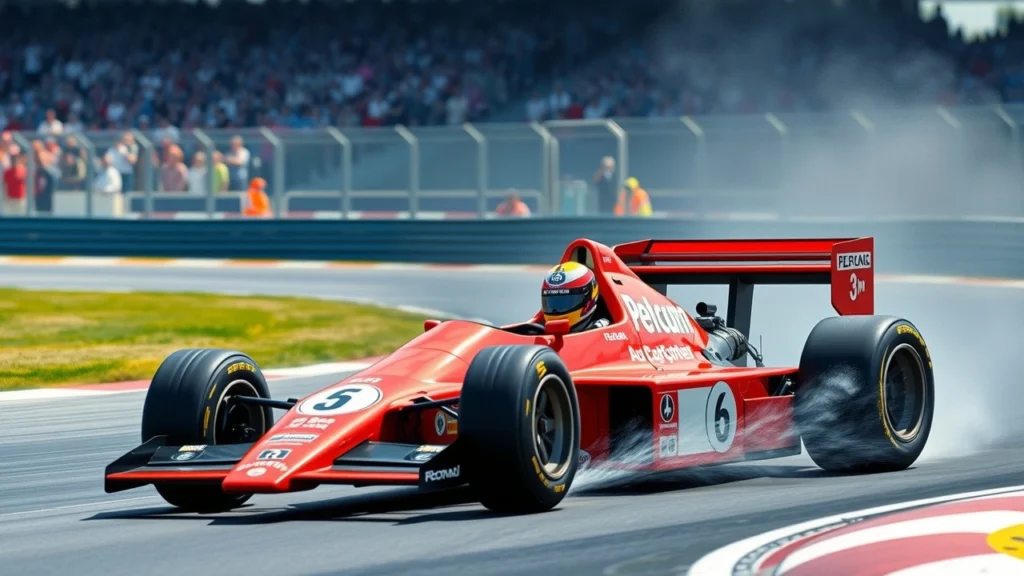 Une illustration photoréaliste d'Alain Prost en course dans une voiture de Formule 1 classique.