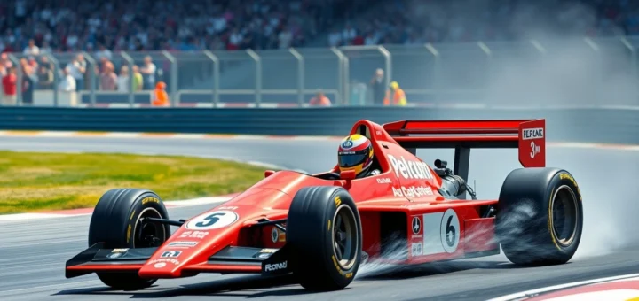 Une illustration photoréaliste d'Alain Prost en course dans une voiture de Formule 1 classique.