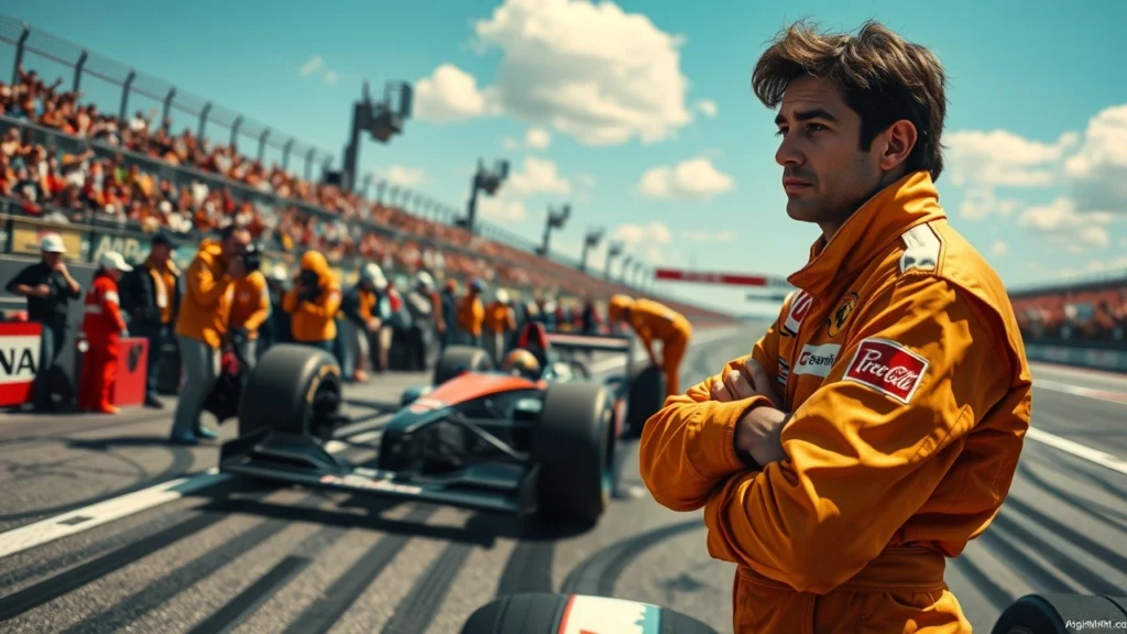 Une illustration photoréaliste des coulisses de la carrière d'Ayrton Senna avec l'ambiance d'une course.