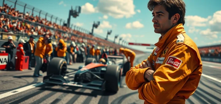 Une illustration photoréaliste des coulisses de la carrière d'Ayrton Senna avec l'ambiance d'une course.