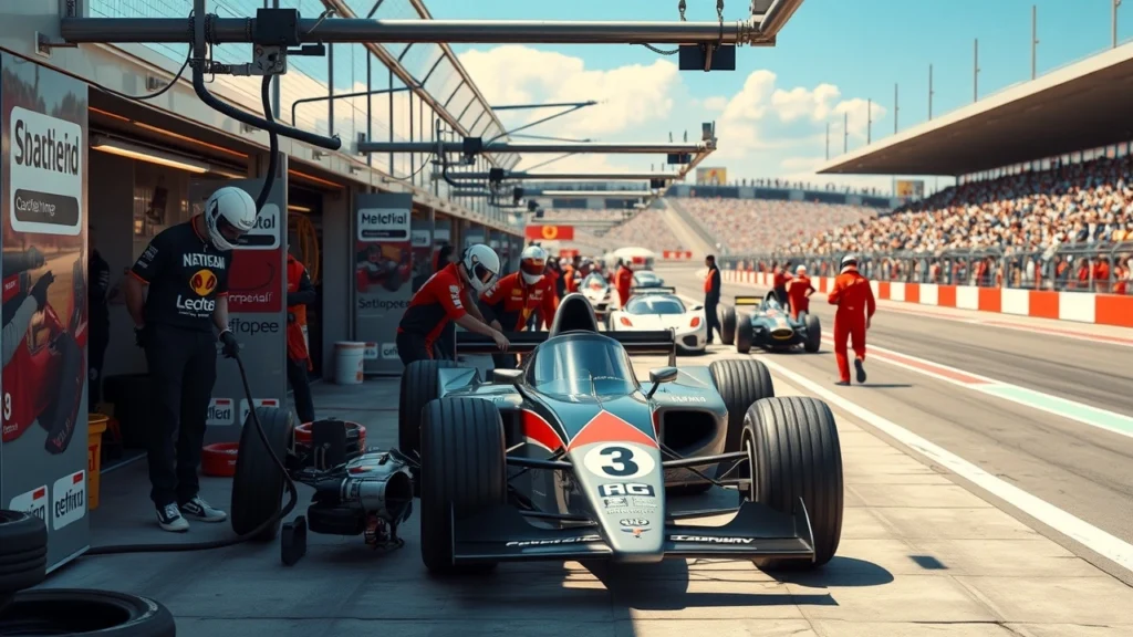 Une scène photoréaliste montrant les moments captivants des coulisses de la Formule 1 à travers les âges.