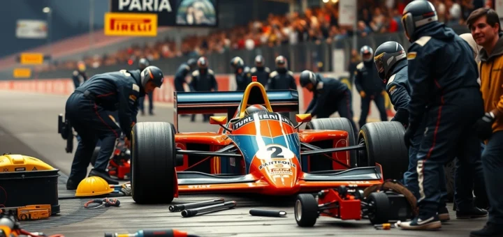 Une scène réaliste des coulisses des victoires d'Ayrton Senna, montrant l'équipe de mécaniciens en action.