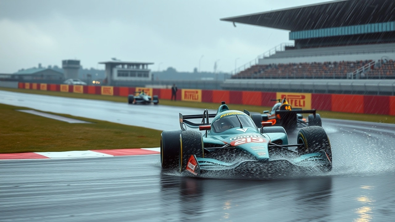 voiture de course sur une piste mouillée sous la pluie