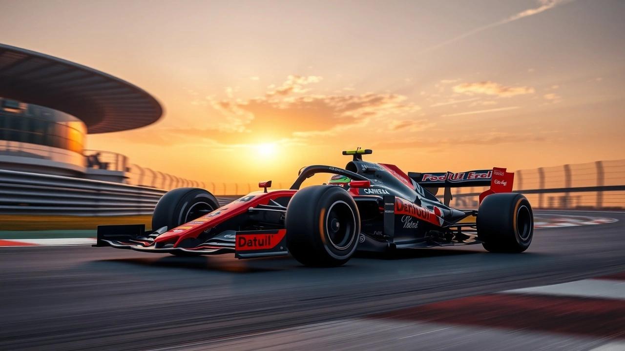 voiture de course sur le circuit d'Abou Dabi au coucher de soleil