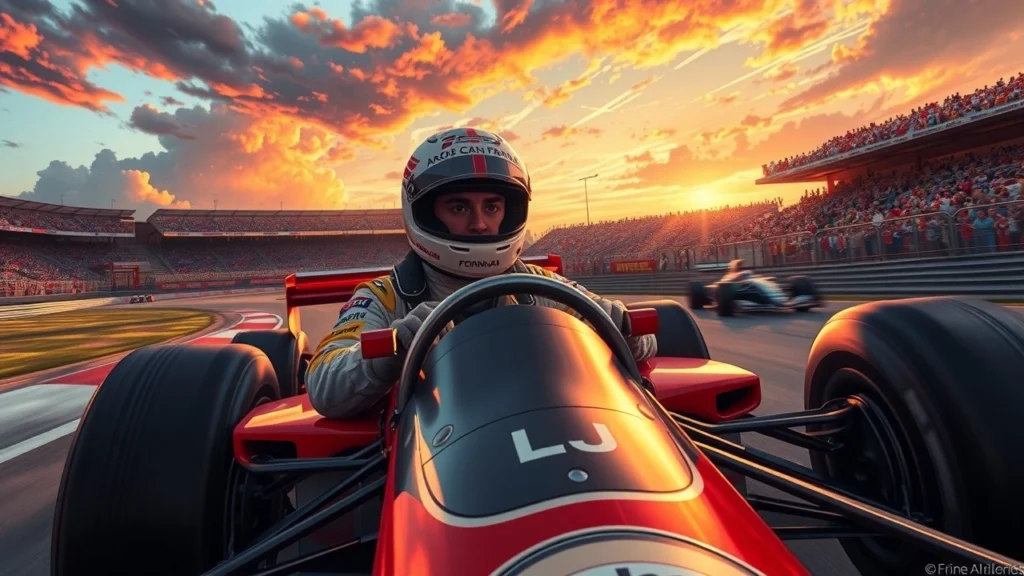 Une scène de course emblématique d'Ayrton Senna au volant de sa voiture de Formule 1, illustrant des moments clés de sa carrière.