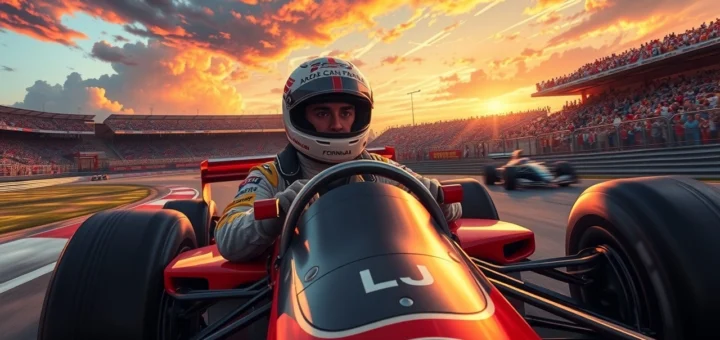 Une scène de course emblématique d'Ayrton Senna au volant de sa voiture de Formule 1, illustrant des moments clés de sa carrière.