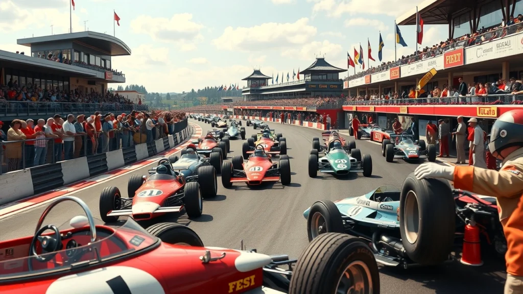Une représentation photoréaliste d'une scène de course mythique de Formule 1 avec des voitures anciennes.