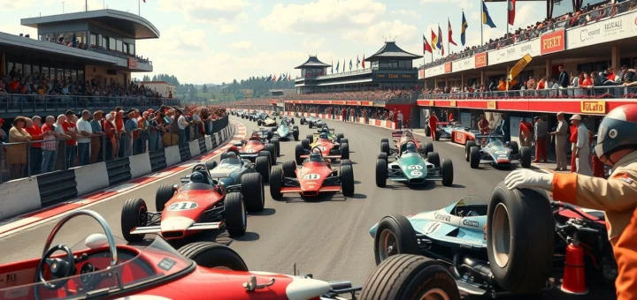 Une représentation photoréaliste d'une scène de course mythique de Formule 1 avec des voitures anciennes.