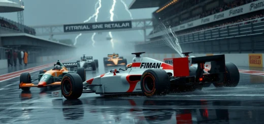 Scène de course de Formule 1 sous la pluie, montrant l'habileté d'Ayrton Senna.