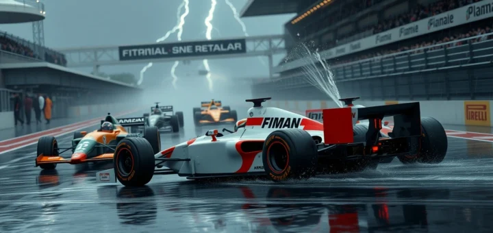 Scène de course de Formule 1 sous la pluie, montrant l'habileté d'Ayrton Senna.